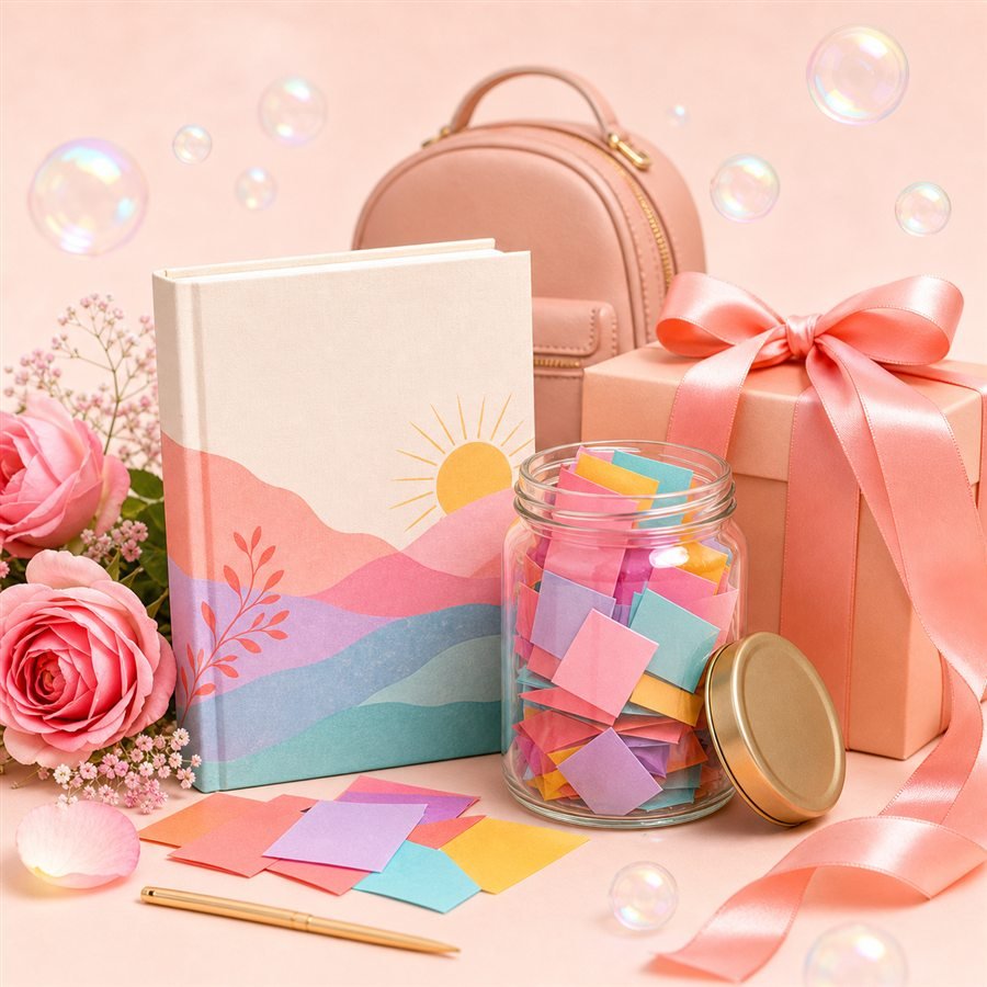 A colorful devotional, encouragement jar and gift scene in the Rosebubbles style