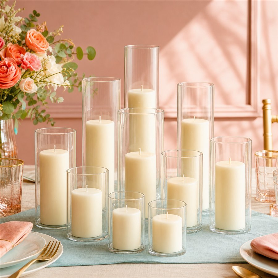 Original Rosebubbles Finds product scene for Ivory Pillar Candle & Glass Cylinder Set